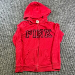 Victoria's Secret PINK Red Zip Hoodie XS Logo Sweatshirt Missing Drawstrings